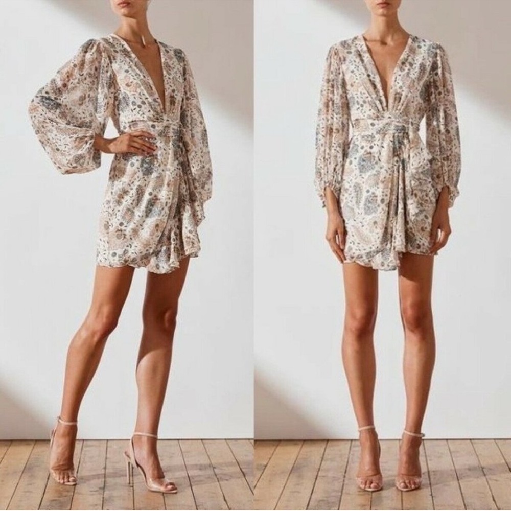 SHONA JOY Women’s Sz US 4 Miller Floral Neutral Plunged Mini Dress Long Sleeve